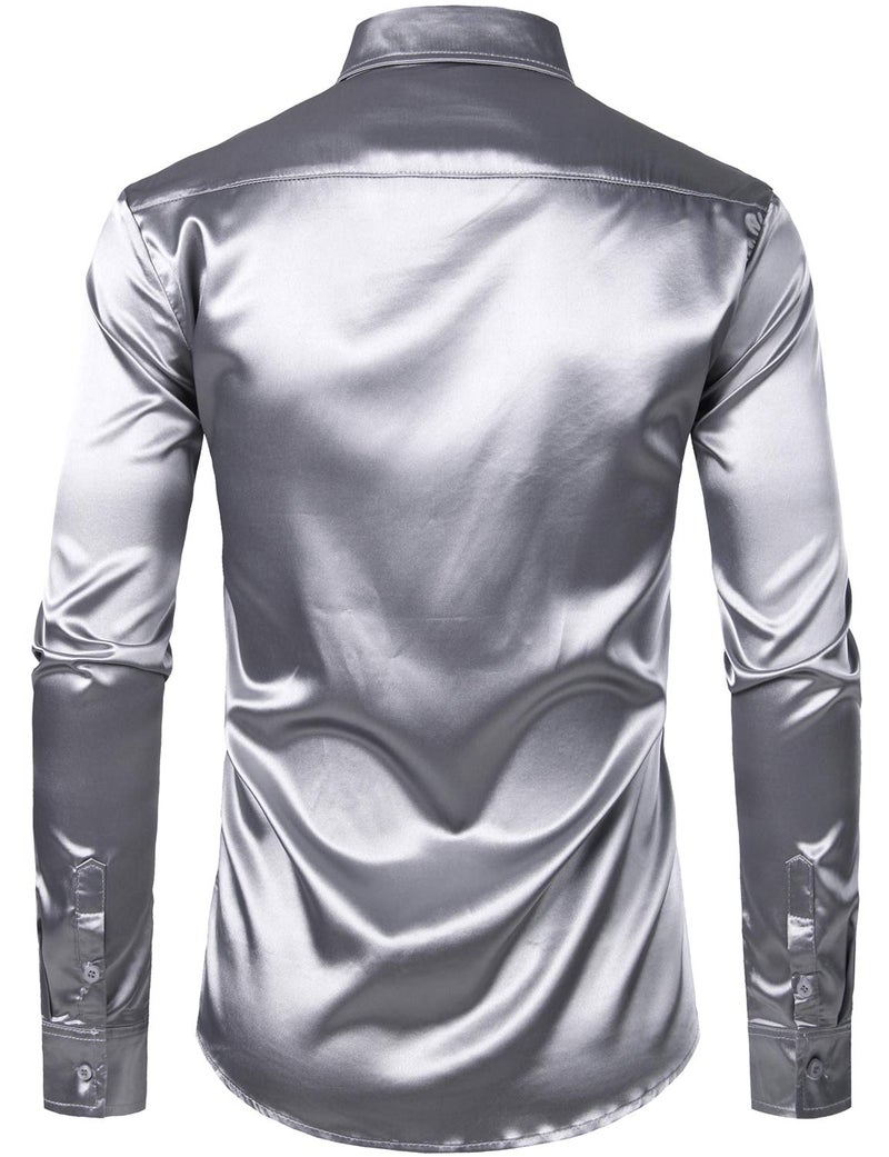 ZEROYAA Men's Luxury Shiny Silk Like Satin Button Up Dress Shirts ZLCL14-Silver Medium - Image 2